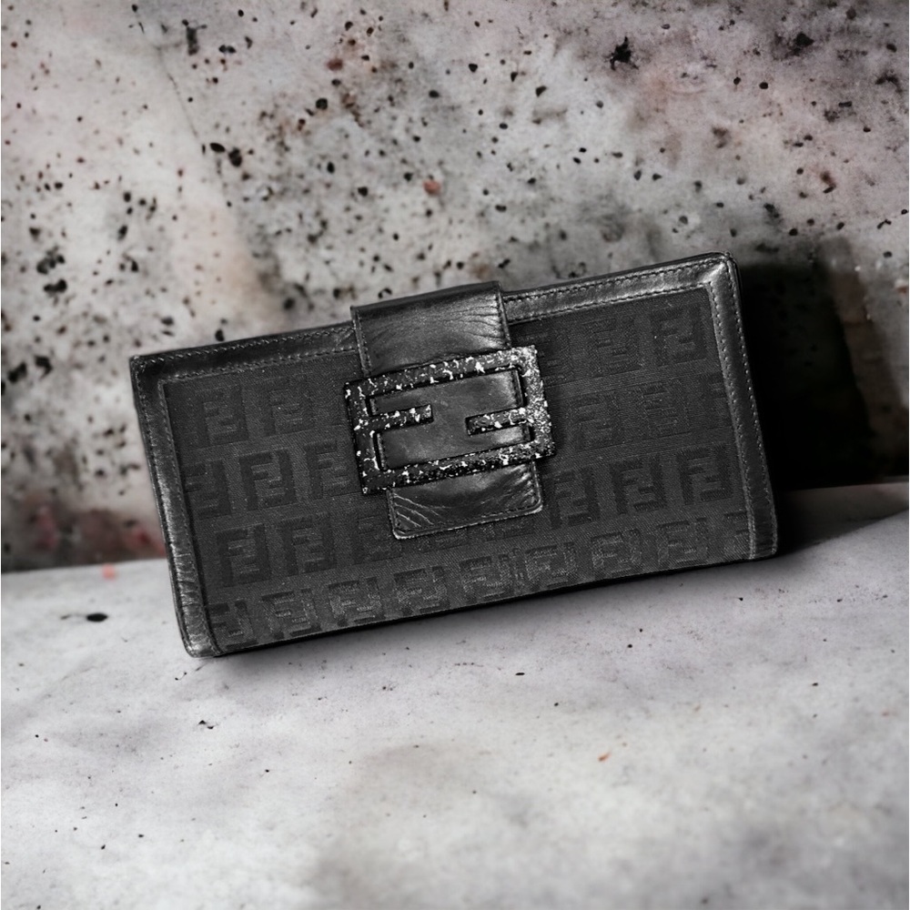 Fendi FF black leather/canvas zucca print wallet bifold snap w/dust cover gd cd